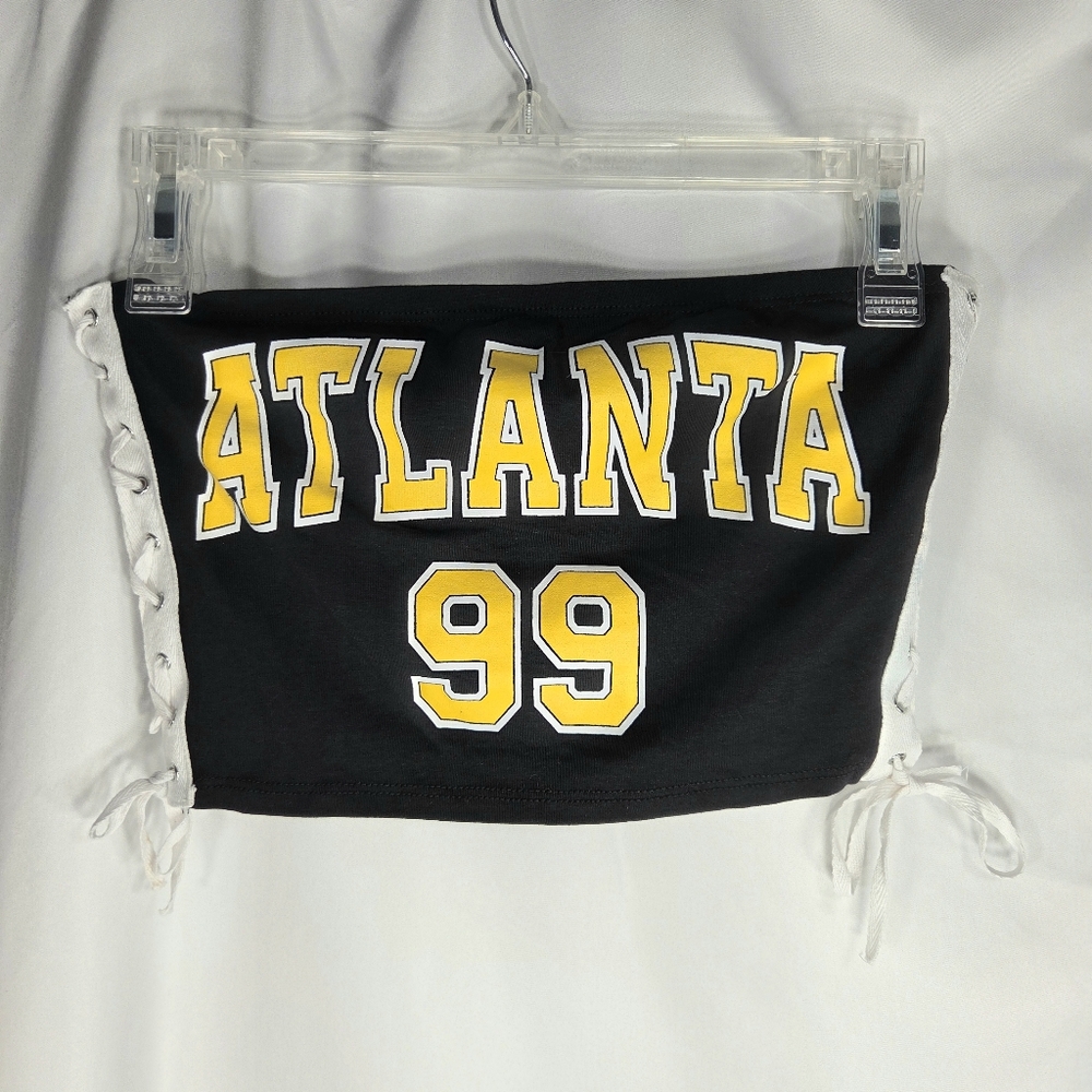 Fashion Nova NWT Black Yellow White Atlanta 99 Lace Up Sides Tube Top Sz Medium